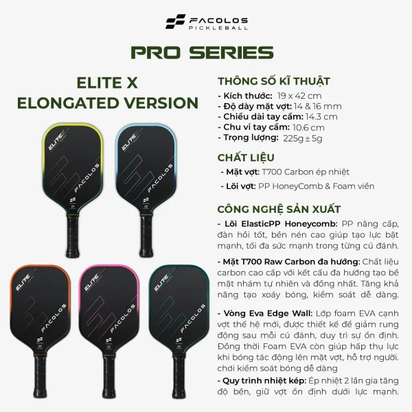 Vợt Pickleball Pro Series – Elite X Elongated Edition (14 & 16mm)